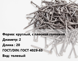 Гвоздь круглый, с плоской головкой 2х20 ГОСТ: ГОСТ 4029-63 толевый, кг цена от 122130 Тг / кг, где купить, условия доставки в Шымкенте и Южно-Казахстанской области